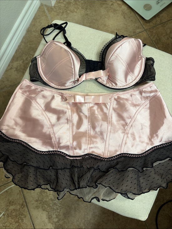 Cassandra O Other - Cassandra Intimates Pink Satin Bra & Black Lace Trim Skirt Set Women's Intimates